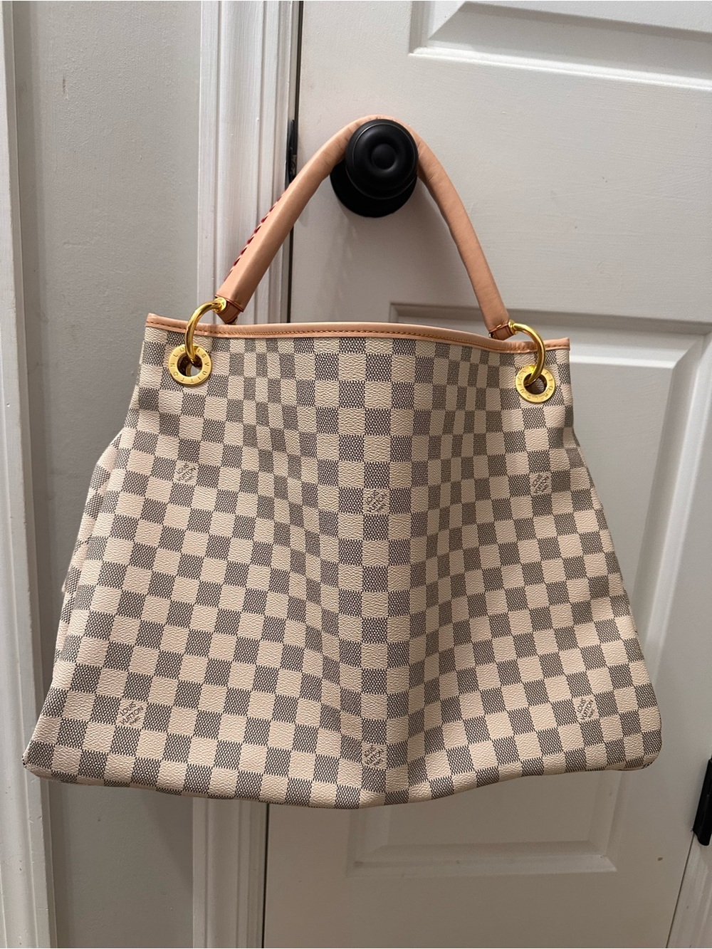 Beige Checkered Tote Bag with Tan Handles